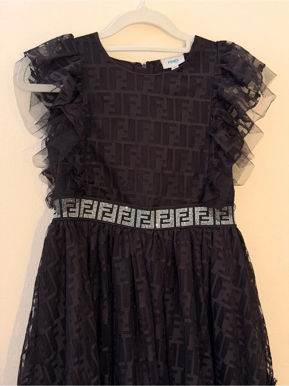 Black Ruffle Tulle Kids Dress with Decorative Waistband